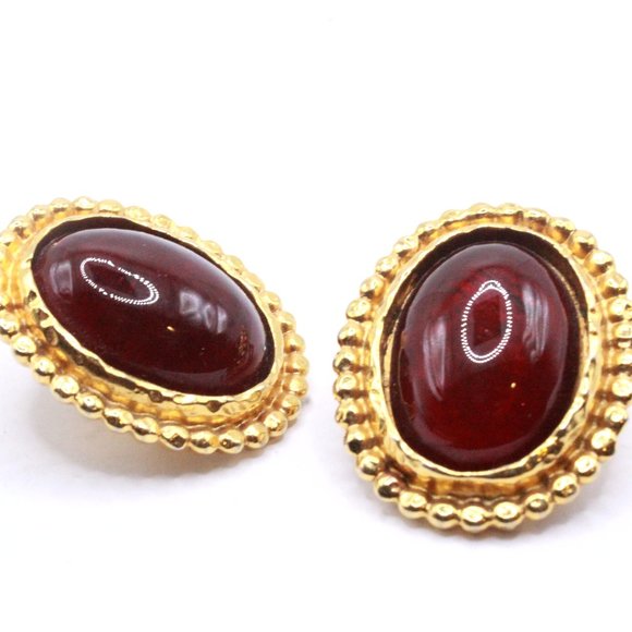Edouard Rambaud Paris French Couture Deep Red Poured Glass Cabochon Earrings - Picture 4 of 6